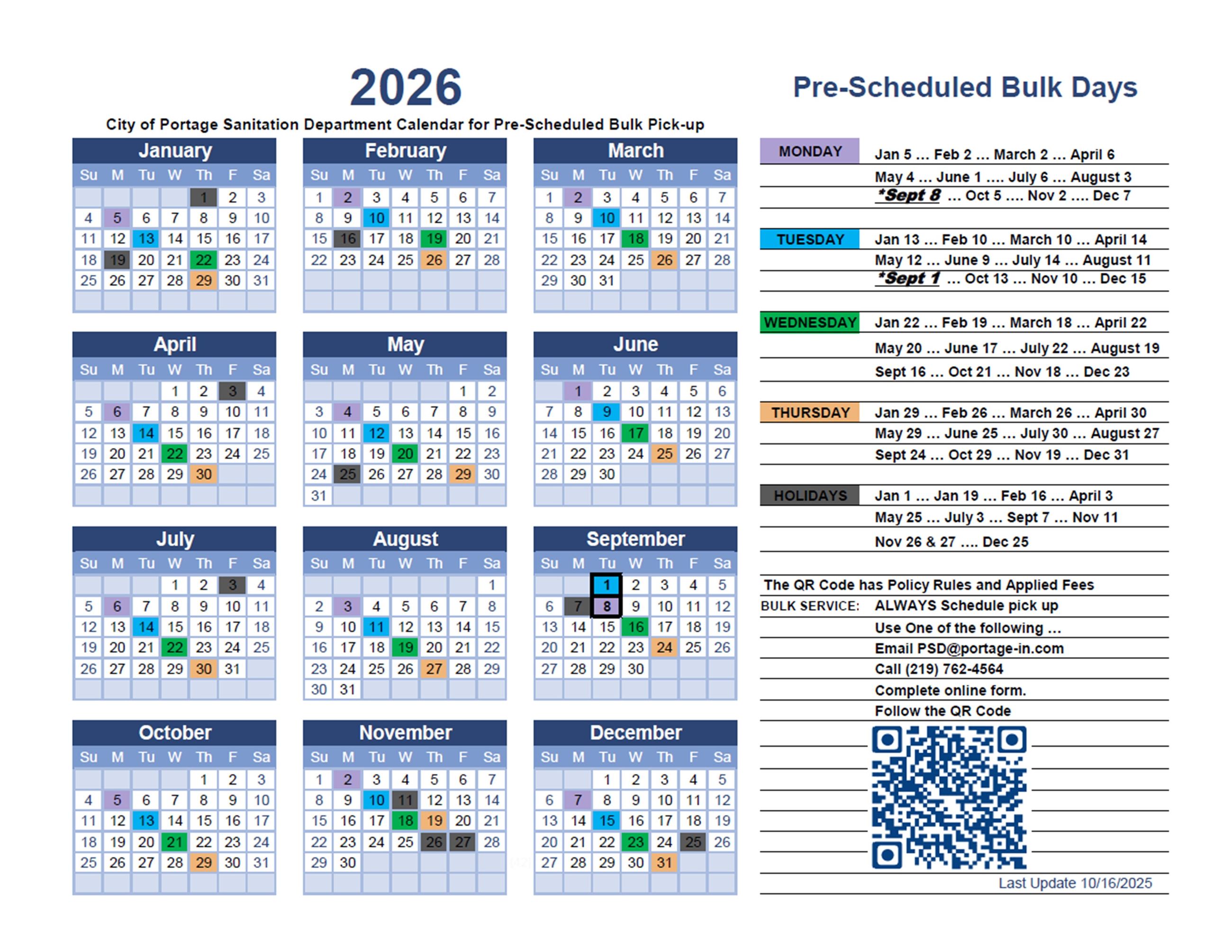 2026 PORTAGE Pre-Scheduled Calendar Bulk Days